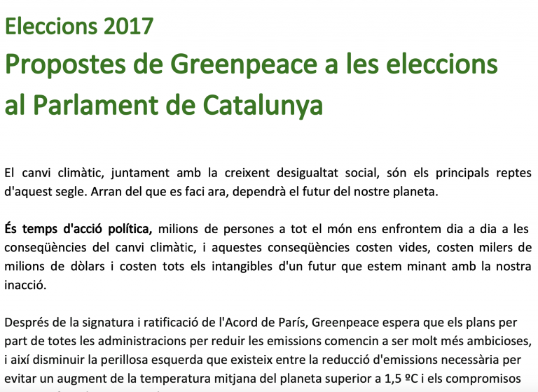 eleccions​ ​2017 propostes​ -greenpeace ​eleccions parlament​ catalunya