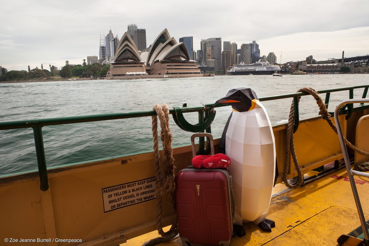 Pingüino de papel frente al Opera House de Sydney