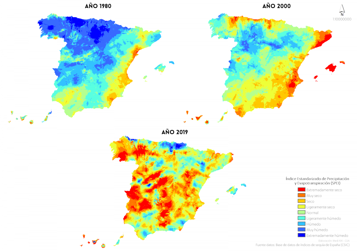 Evolución del índice estandarizado de Precipitación-Evapotranspiración 1980, 2000, 2019. 