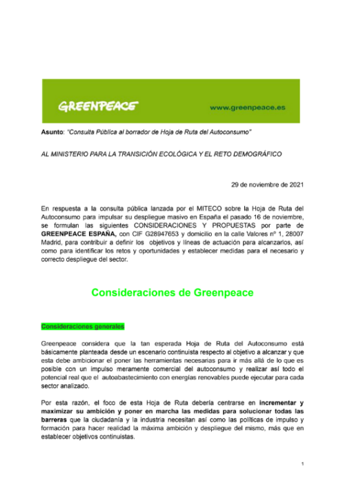 Alegaciones de Greenpeace a la Hoja de Ruta del Autoconsumo