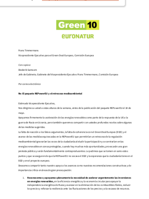 Carta urgente del G10 a Frans Timmermans sobre el plan REPowerEU
