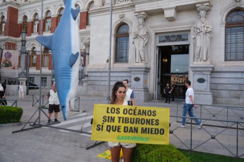Un tiburón de 5 metros denuncia el 'bluewashing' del Gobierno en el Día de los Océanos. Greenpeace / Pedro Armestre