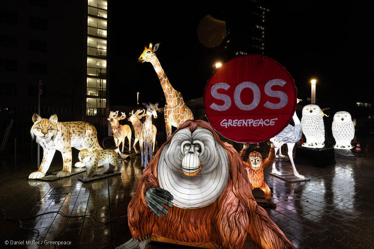 Protest with Luminous Animal Figures for Protecting Nature in front of UN Building