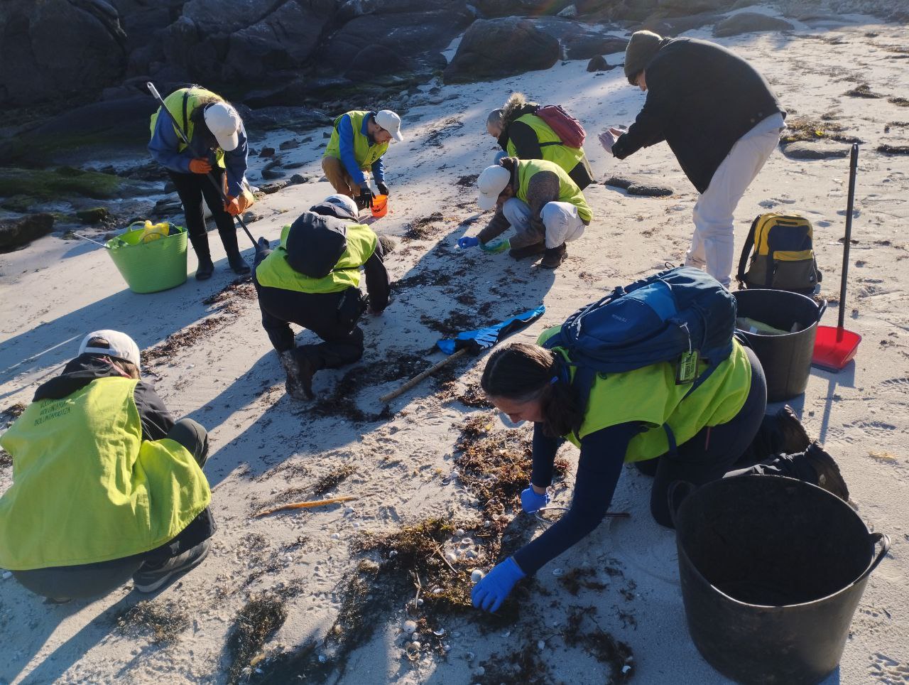 Voluntariado de Greenpeace recoge restos del vertido de pellets de plástico en las costas de Galicia.