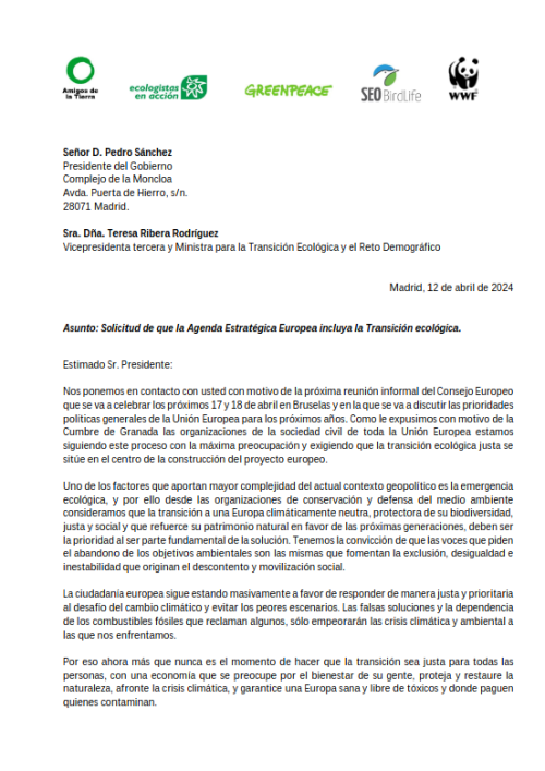 Carta de las organizaciones medioambientales a Sánchez