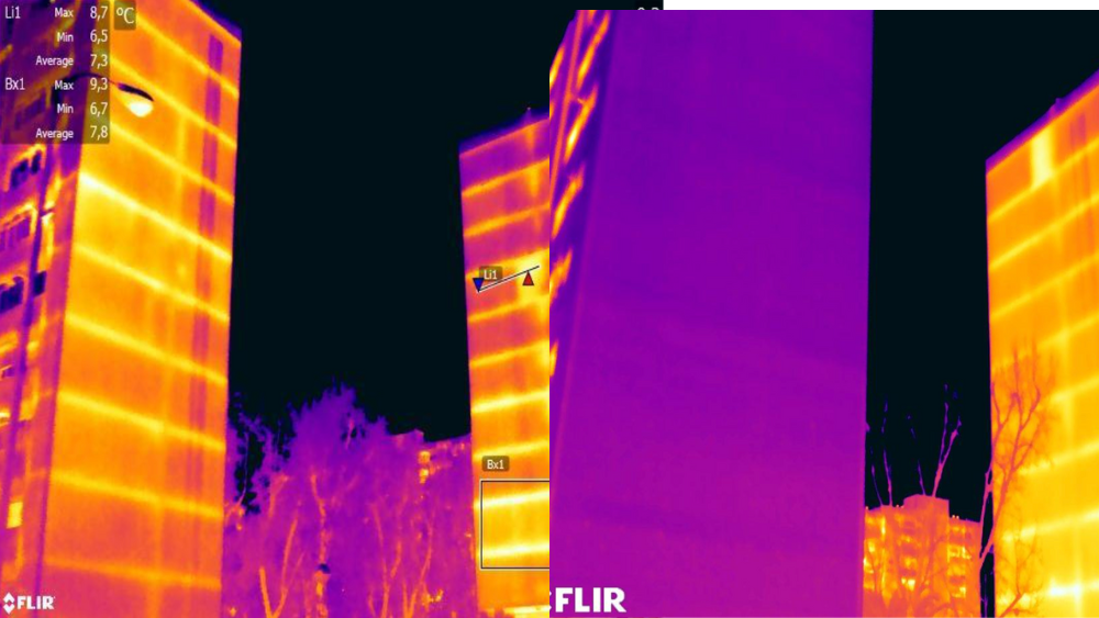 Imagen térmica del 'antes' y el 'después' del aislamiento de un bloque de viviendas en Orcasitas, Madrid. A la izquierda, la fachada muestra tonos amarillos y naranjas, que indican pérdida de calor. A la derecha, la fachada aislada se ve de color violeta, lo que indica que la pérdida de calor casi ha desaparecido por completo. 
Imagen cedida por Manuela Navarro.