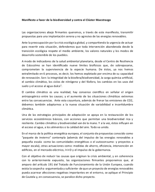 Manifiesto a favor de la biodiversidad y contra el Clúster Maestrazgo