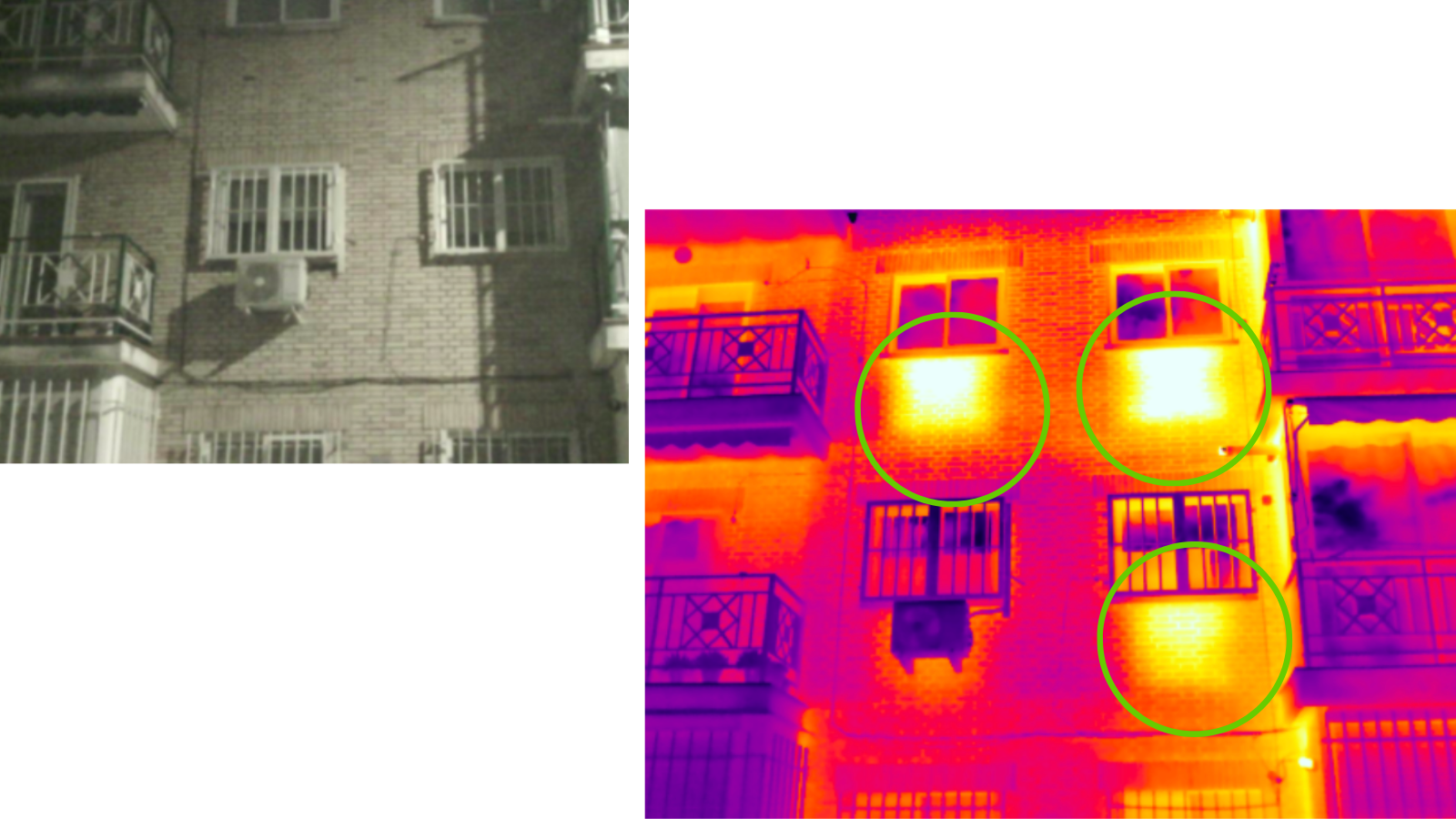 Fachada de un edificio en el distrito madrileño de Barajas. En la imagen termográfica de la derecha, se observan las zonas amarillas (con fuerte pérdida de calor) donde se ubican los radiadores bajo las ventanas, una muestra evidente de mal aislamiento y pérdida de temperatura hacia el exterior.