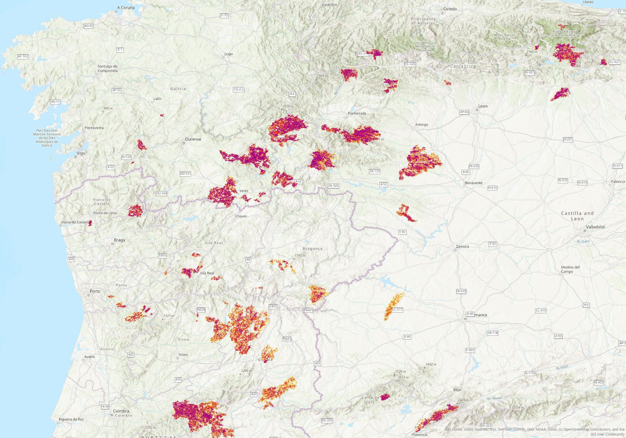 Mapa de la severidad de Incendios de verano 2025 del noroeste peninsular.