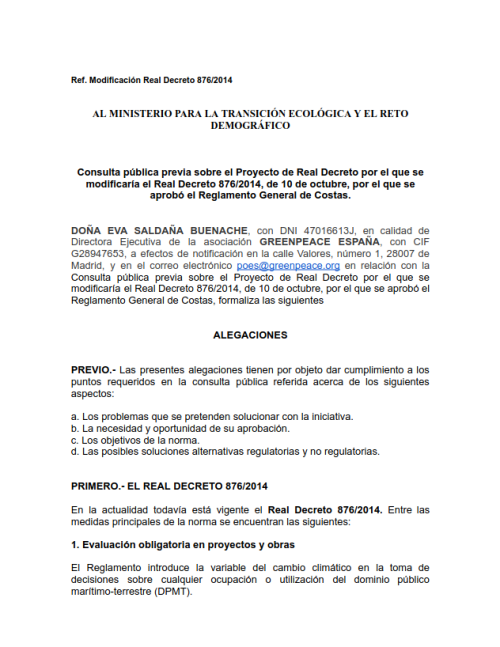 Alegaciones de Greenpeace al Reglamento de Costas