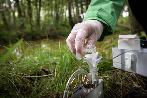 Activistas de Greenpeace toman muestras de agua que se analizarán en un laboratorio para determinar la presencia de sulfato.